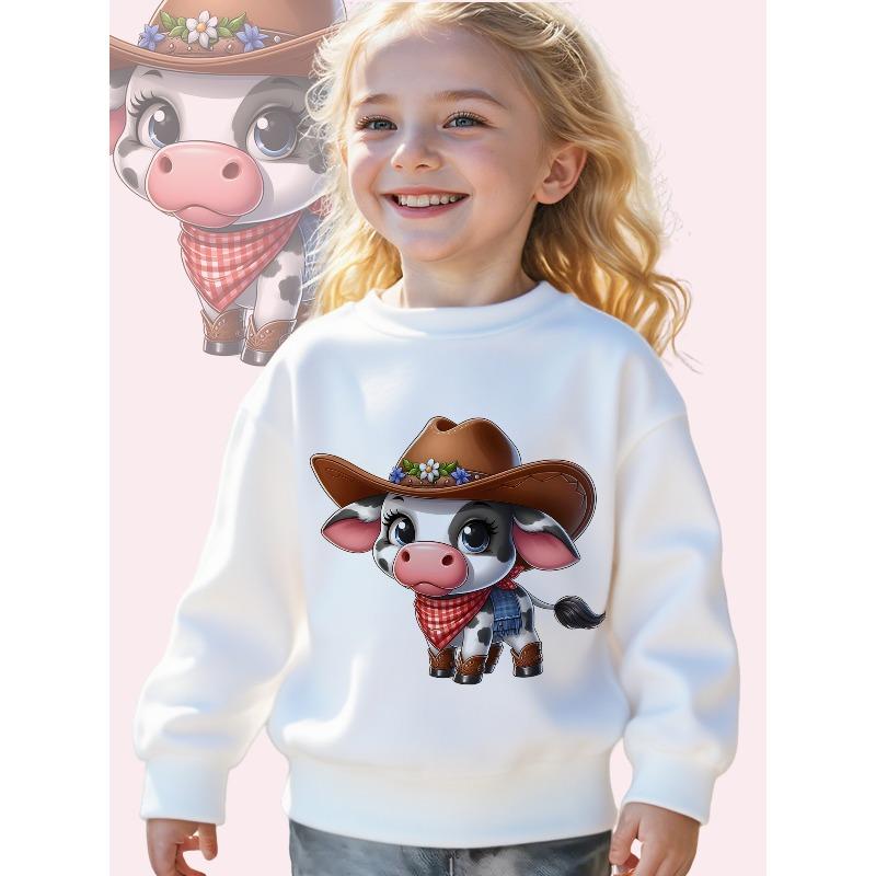 Western Cow Charm: an Adorable Cartoon Design Long Sleeve Crewneck Sweatshirt - Comfortable Casual Pullover Top