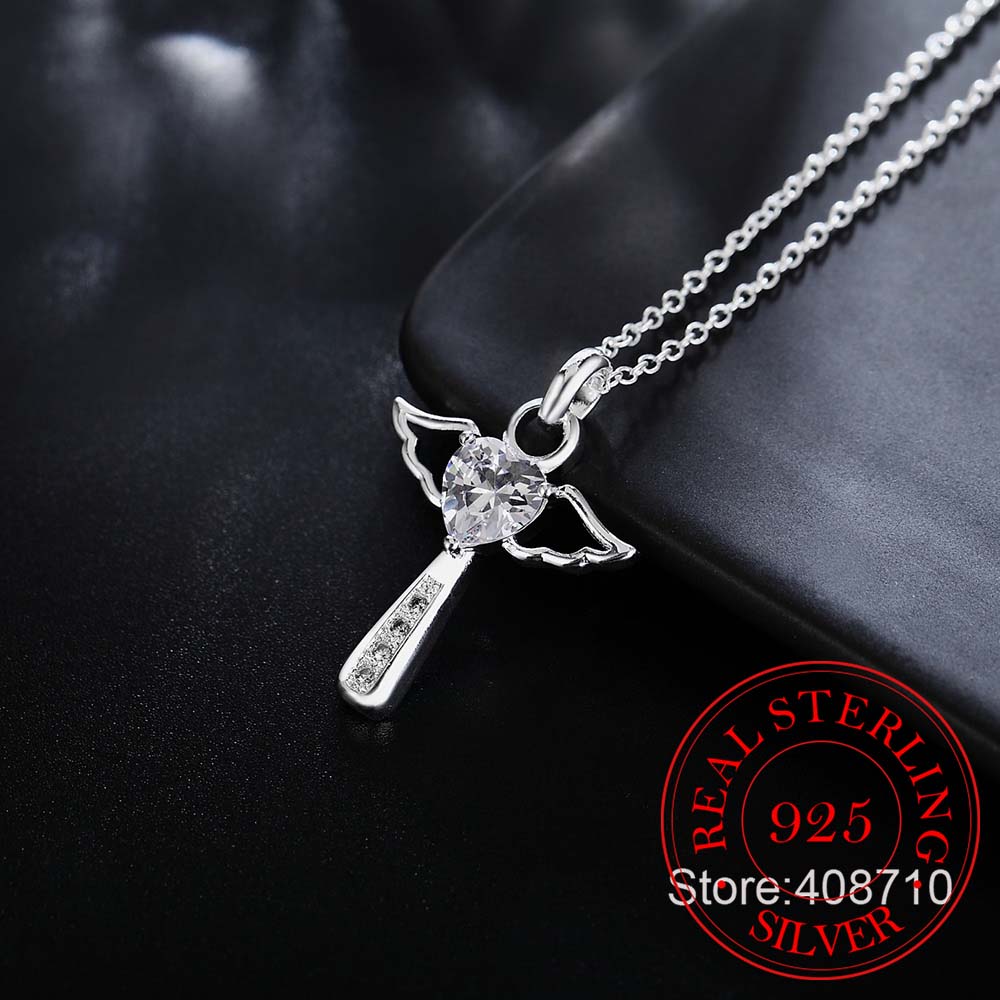 Autentico Collana con Croce di Gesù in Argento Sterling 925 Gioielli Fini Doppie Ali d'Angelo Cuore Zirconia Ciondolo Collana Saldi Festivi