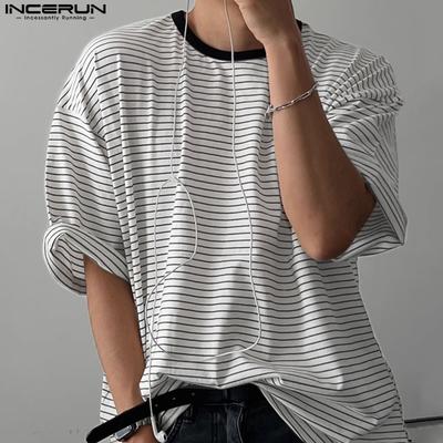 T-shirt Casual a Righe da Uomo Oversize con Scollo a O e Maniche Corte