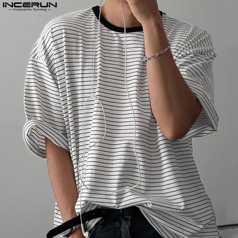 INCERUN Oversized Men O Neck Short Sleeve Striped Casual T-shirts