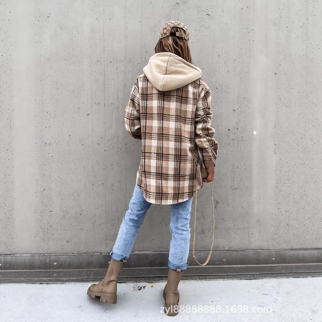 Women's Oversized Plaid Shirt with Hood, Casual Loose Fit Checkered Long Sleeve Top