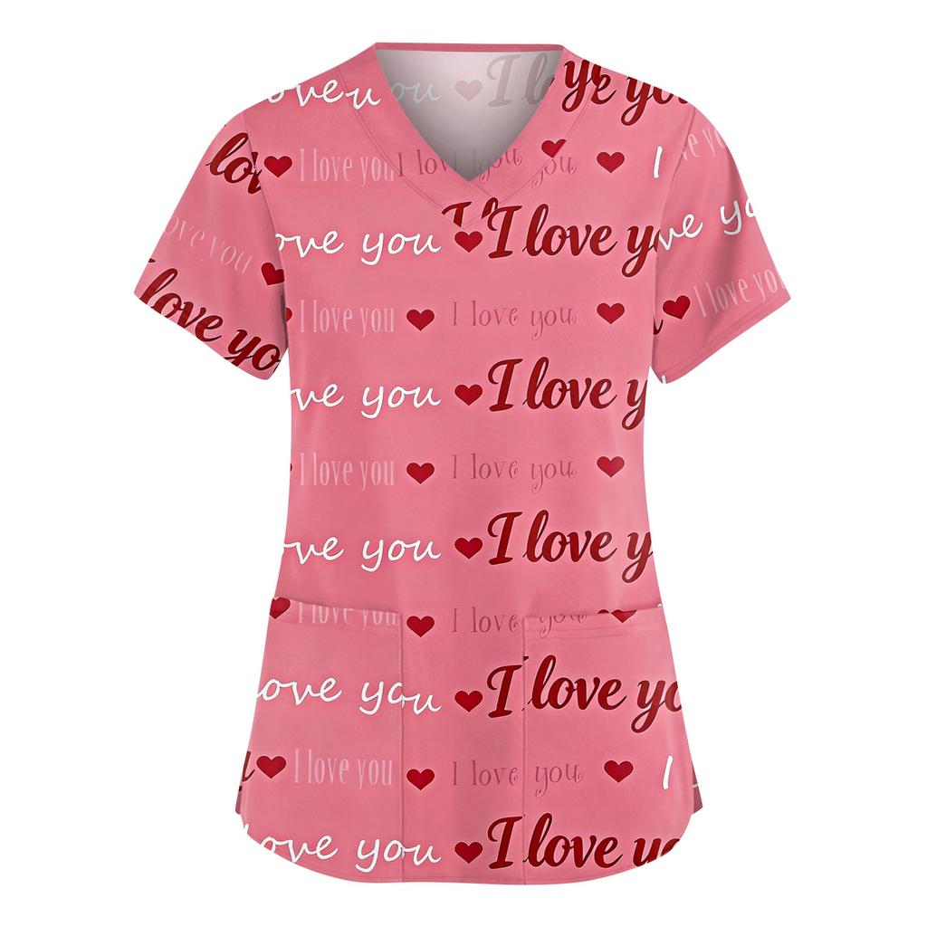 Women V Neck Short Sleeve Printed Heart Pattern Top Casual Loose Fit Pullover Blouse Tunic Shirt For Daily Wear