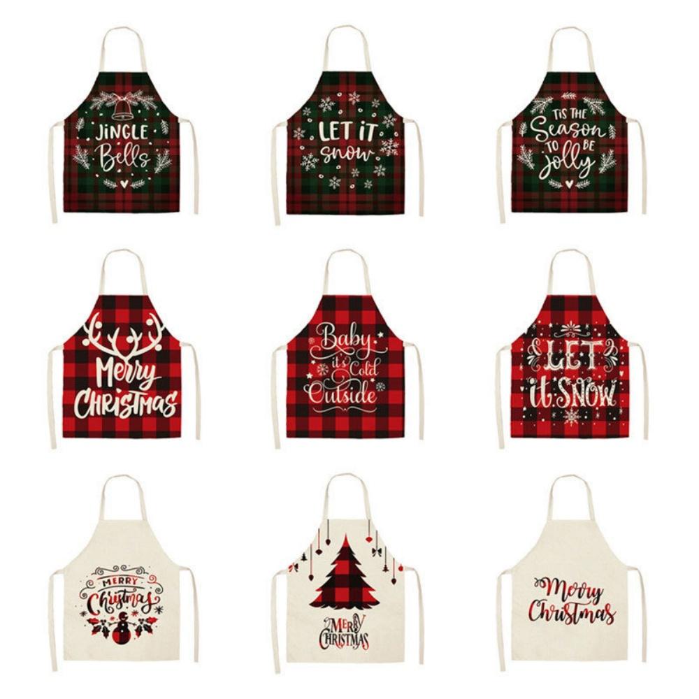 Christmas Apron Holiday Kitchen Aprons Christmas Tree Printed Cotton Linen Plaid Apron Kitchen Baking Cooking Accessories