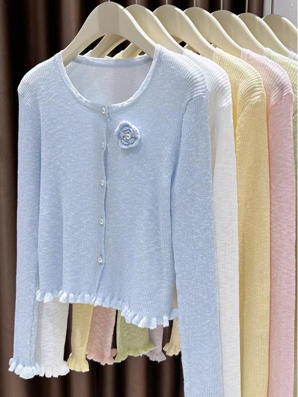 Korean Style Blue Ice Silk Knitted Sunscreen Cardigan & Floral Ruffle Shawl for Summer Women - Sleeveless Outerwear Cover-up Dress