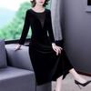 Women's Velvet Long Sleeve V-Neck Mesh Detail Elegant Midi A-Line Evening Party Formal Slim Dress