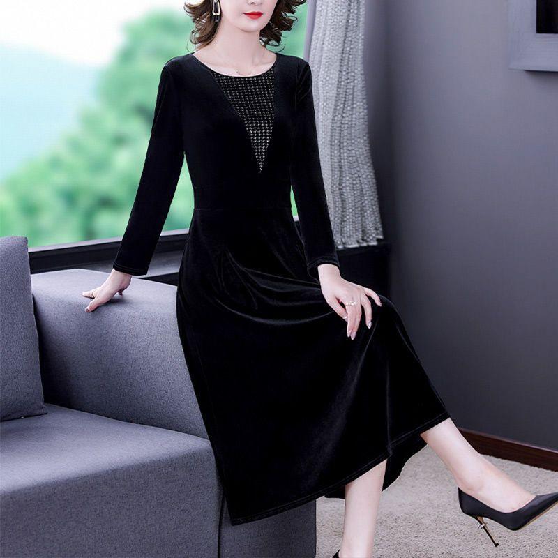 Women's Velvet Long Sleeve V-Neck Mesh Detail Elegant Midi A-Line Evening Party Formal Slim Dress
