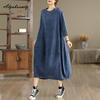 Übergröße Frühling Sommer Damen Midi Kleid O-Ausschnitt Kurzarm Oversize Vintage Kleid Baggy 3/4 Ärmel Denim Damen Übergröße Kleider