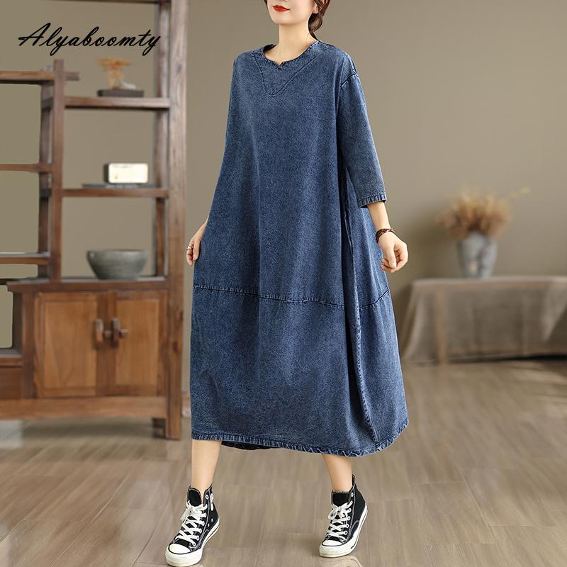 Übergröße Frühling Sommer Damen Midi Kleid O-Ausschnitt Kurzarm Oversize Vintage Kleid Baggy 3/4 Ärmel Denim Damen Übergröße Kleider