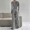 Women's Striped Pullover Long Sleeved Drawstring Wide Leg Pants Set