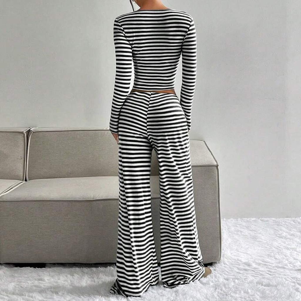 Women's Striped Pullover Long Sleeved Drawstring Wide Leg Pants Set