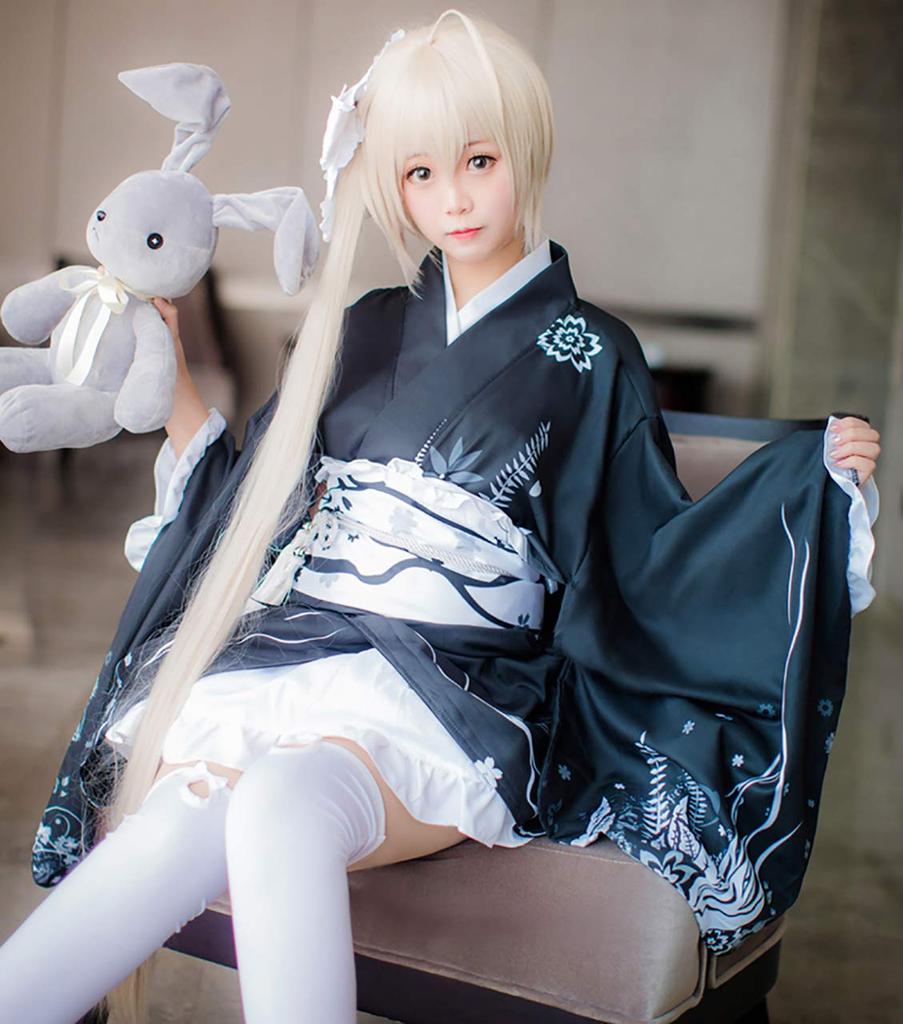 [Milky Time] Yosuga No Sora Kasugano Sora Cosplay Costume with Wig, Halloween Kimono, Yosuga Black Kimono