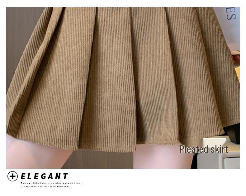 High-Waisted Pleated Chenille A-Line Skirt for Tall Women - Anti-Exposure, Corduroy, Short, Suitable for Spring and Autumn.
