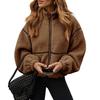 Womens Fall Winter Color Block Fleece Zip Up Warm Plush Jacket Casual Loose Fit
