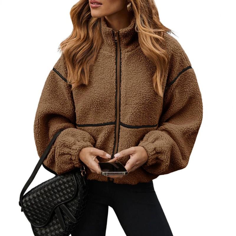 Womens Fall Winter Color Block Fleece Zip Up Warm Plush Jacket Casual Loose Fit