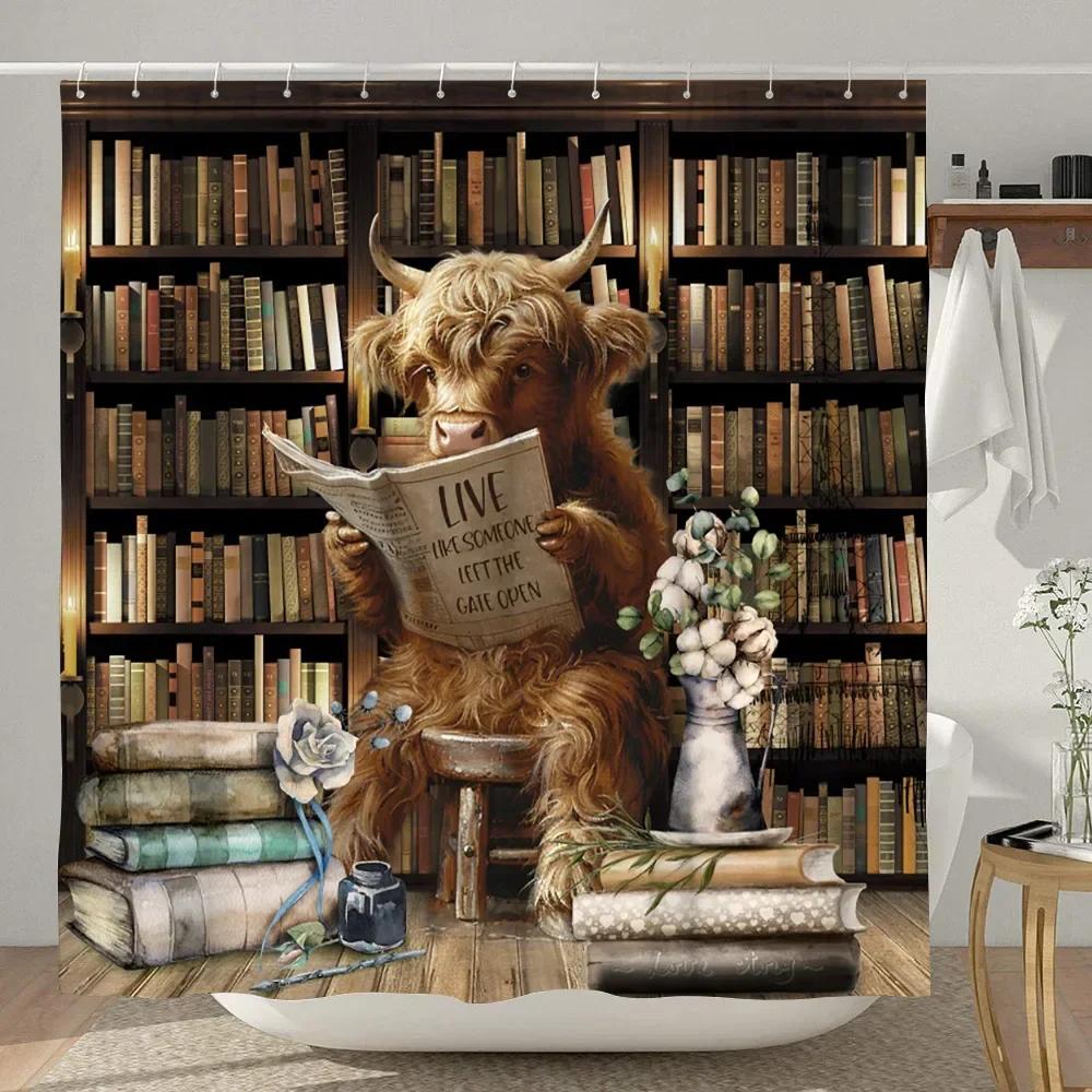 Lustiger Highland-Kuh Duschvorhang Rustikaler Landhausstil Kuh Cartoon Tier Kinder Badevorhang Polyesterstoff Heim Badezimmer Dekor