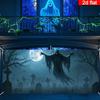 Halloween garage door banner, design featuring ghostly figures from a spooky cemetery and a full moon, hung up