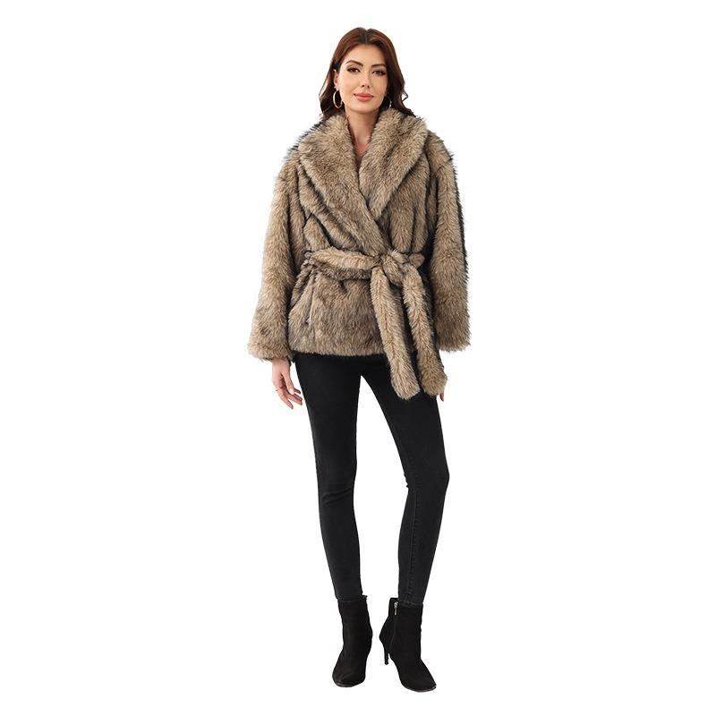 Imitation Fur Belt Belt Medium and Long Jacket Fashion Trend Women's Clothing Warm Thickened Plush Long-sleeved Jacket