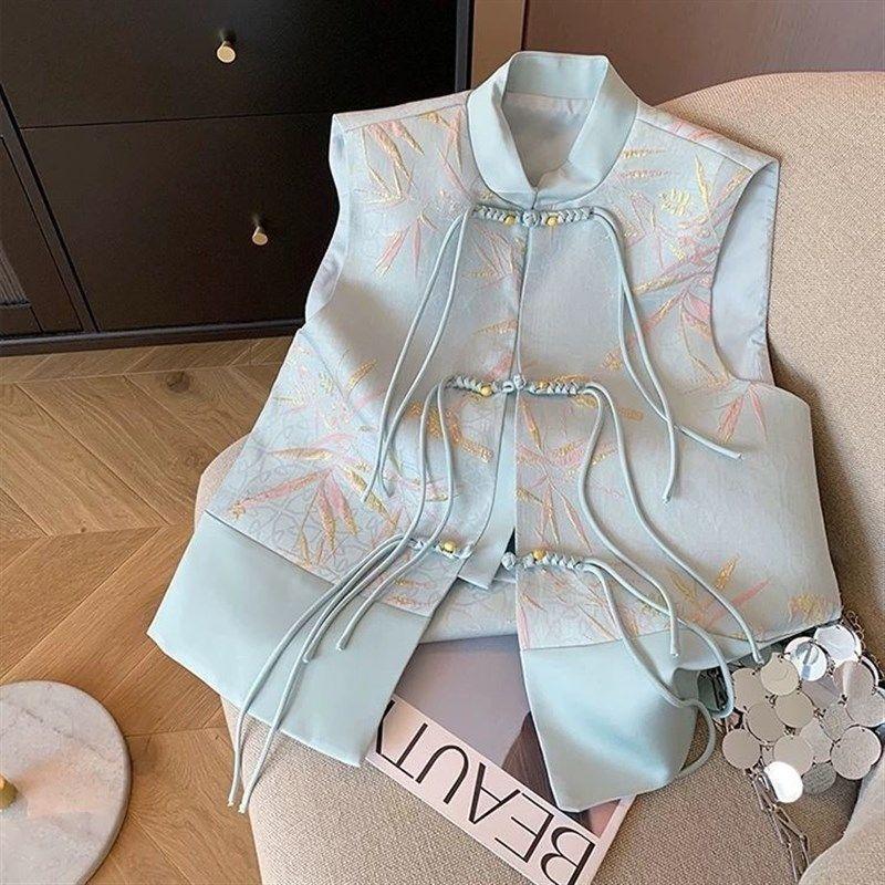 

Новый сине-золотой жилет с бахромой из жаккарда в виде бамбуковых листьев из шелка 2025 женский весенне-летний жилет верхняя одежда высокого класса 3XL (recommended 138-75kg) светло-зеленый