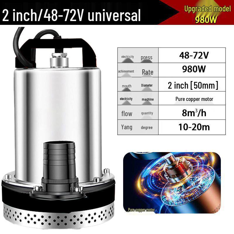 Universal DC Submersible Pump 48-72V for Electric Vehicles and Farmland Irrigation, Stainless Steel.