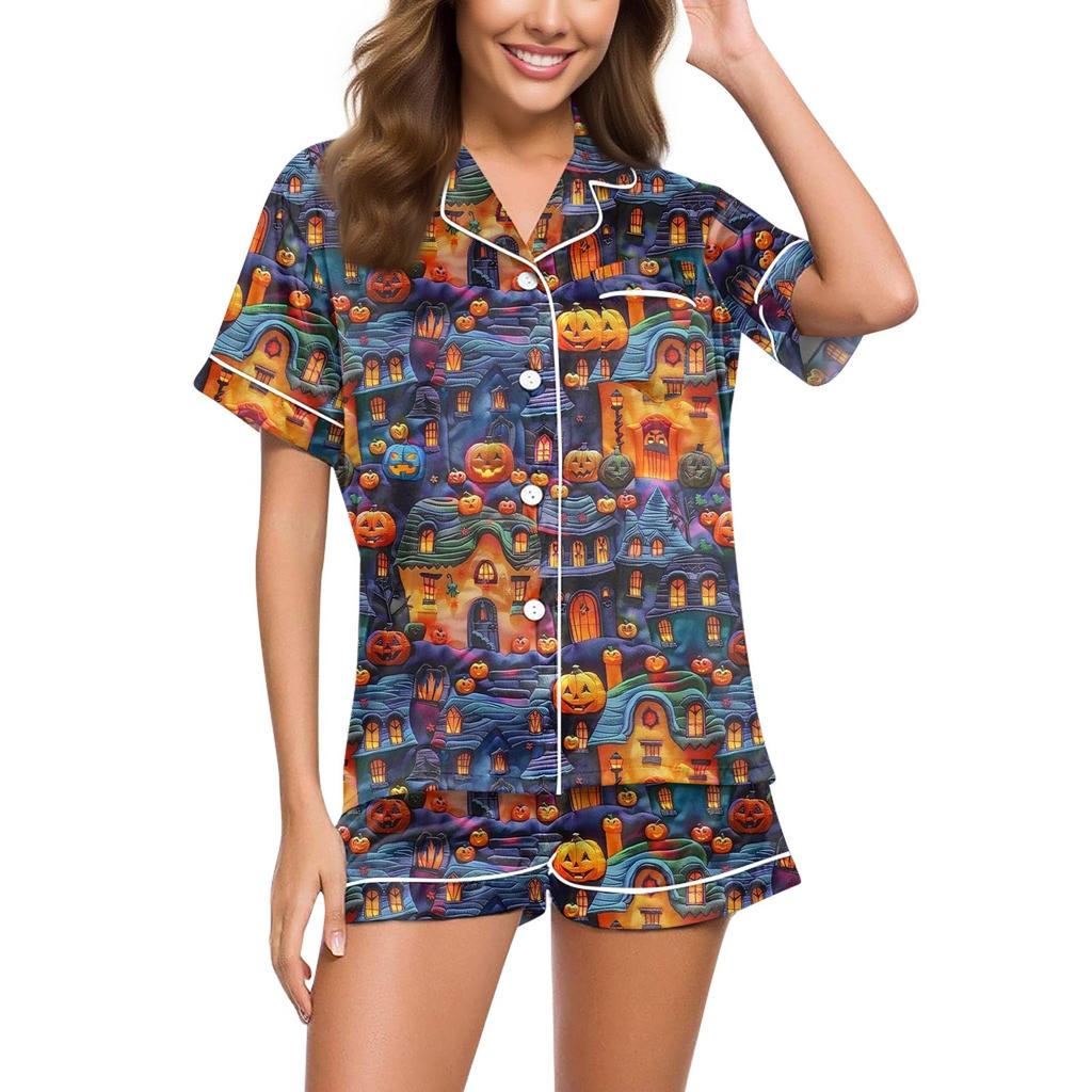 Women's Casual Fashion Halloween Printed Short Sleeve Home Suit