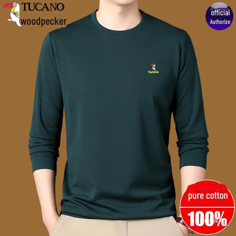 Woodpecker Men's Cotton Long-Sleeve T-Shirt for Midlife and Older - Spring/Autumn Base Layer