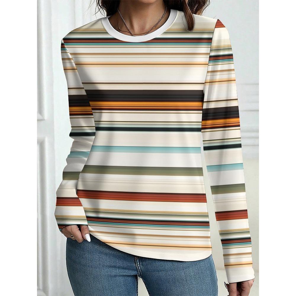 Women's T-Shirt Casual Long Sleeve Stripe Pattern Print Crew Neck Female Oversized Clothing Outdoor Vintage T Shirts