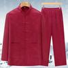 Men Chinese Traditional Tang Suit Spring Autumn Embroidery Frog Button Stand Collar Long Sleeve Shirt Set For Dad