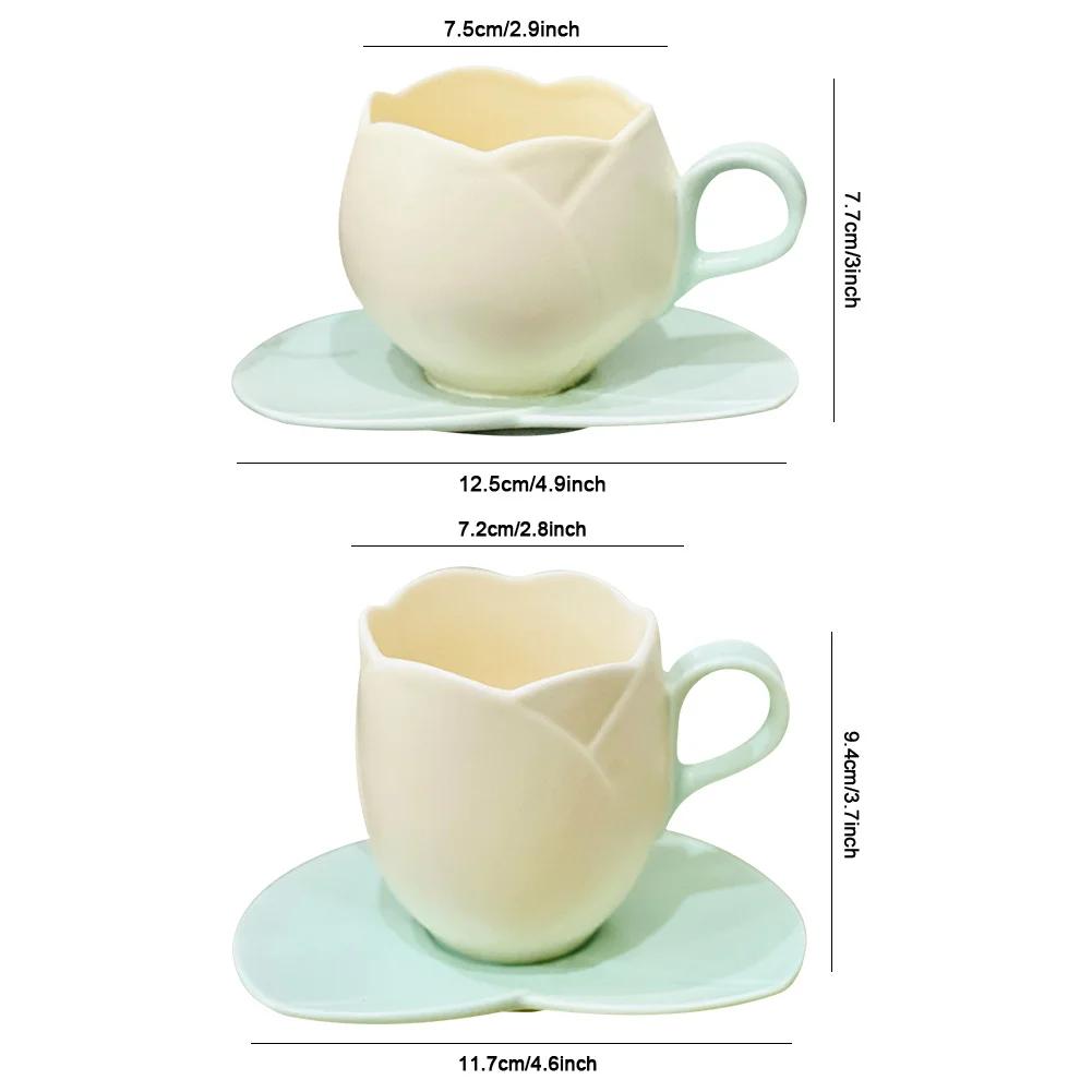 Lovely Tulip Drinking Cup with Saucer Ceramic Tulip Shaped Teacup Creative Vintage Mug Home Afternoon Tea Cappuccino Tableware