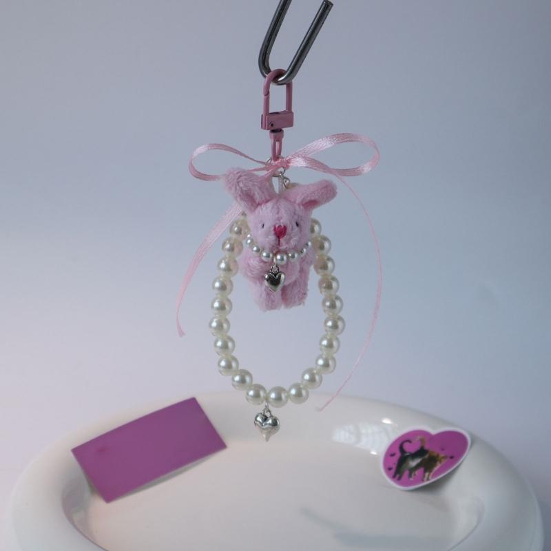 Heart Pearl Phone Chain Plush Rabbit Charm Keychain Pendant Backpack Decoration