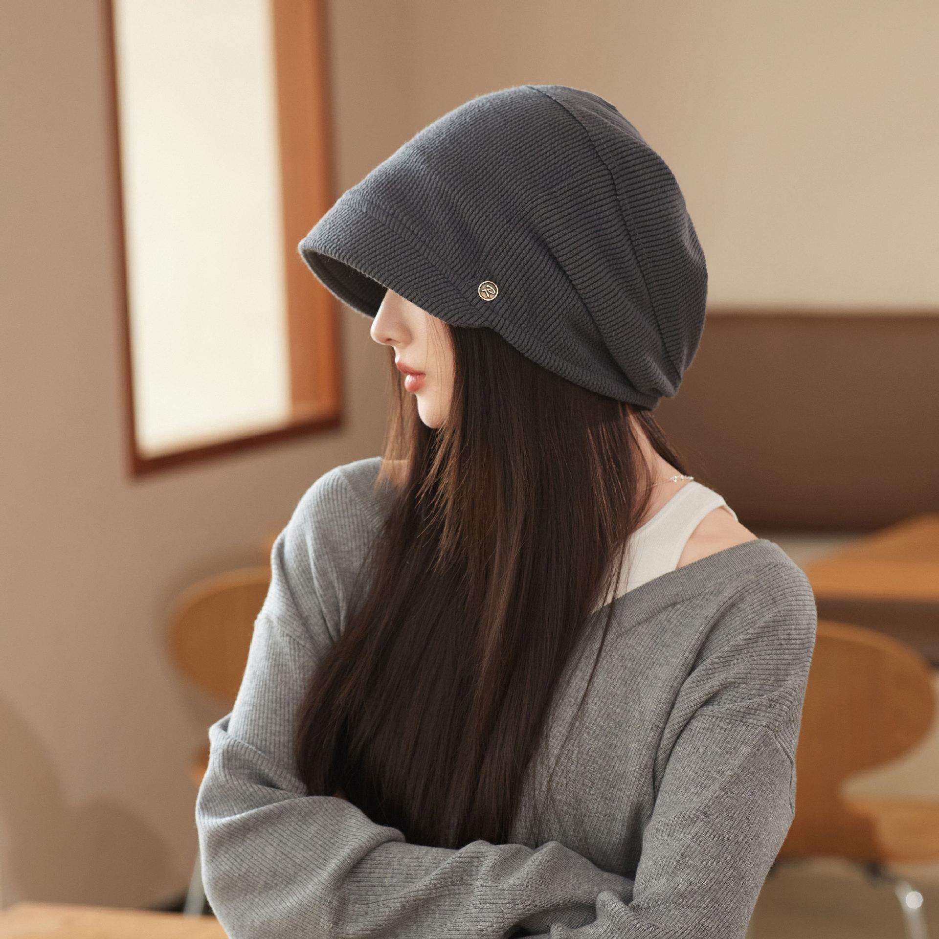 

Шляпа женская весенне-осенняя тонкая новая холодная шапка, подчеркивающая лицо, маленькая шапка-пуловер, большая окружность головы, шапка для укладки, простая шапка для головы One Size серый