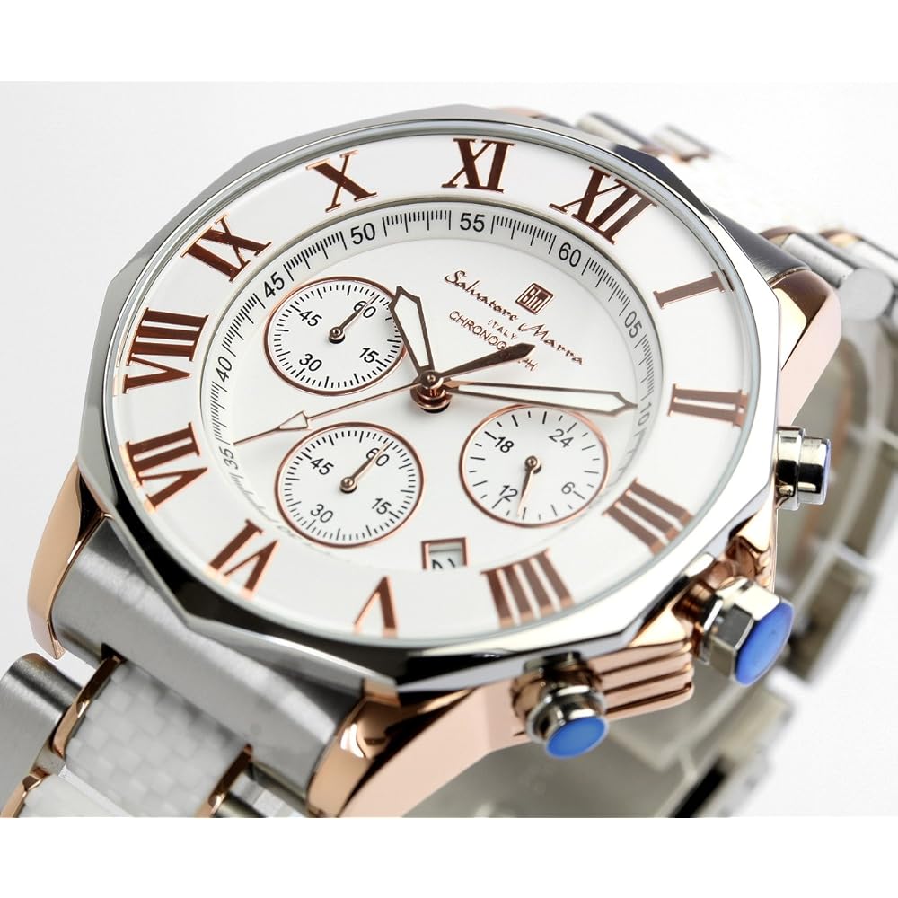 Salvatore Marra Men's Chronograph Watch 10 ATM Water Resistant White Pink Gold Limited Edition