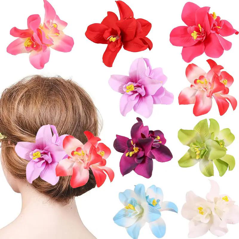 Double Flower Orchid Hair Clip Big Chiffon Artificial Flower Hair Clip Beach Wedding Party Flower Hair Accessories for Women