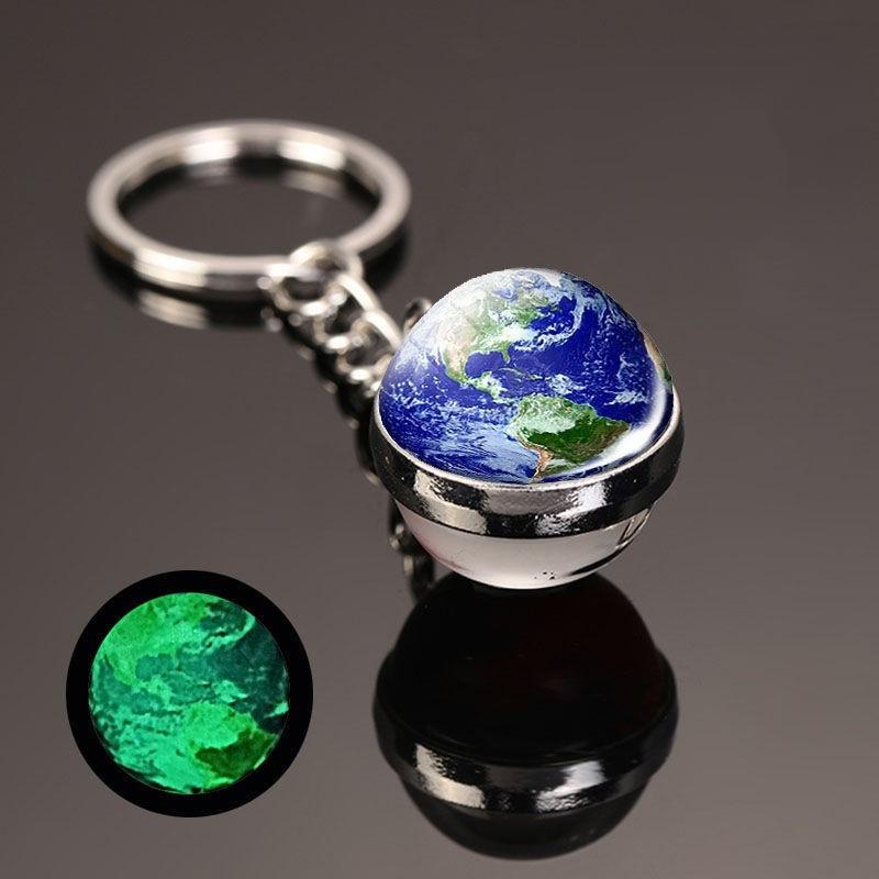 Crystal Luminous Sun Nine Planets Jupiter Milky Way Galaxy Keychain Pendant Round Double Sided Earth Keychain Bag Hanging Decor