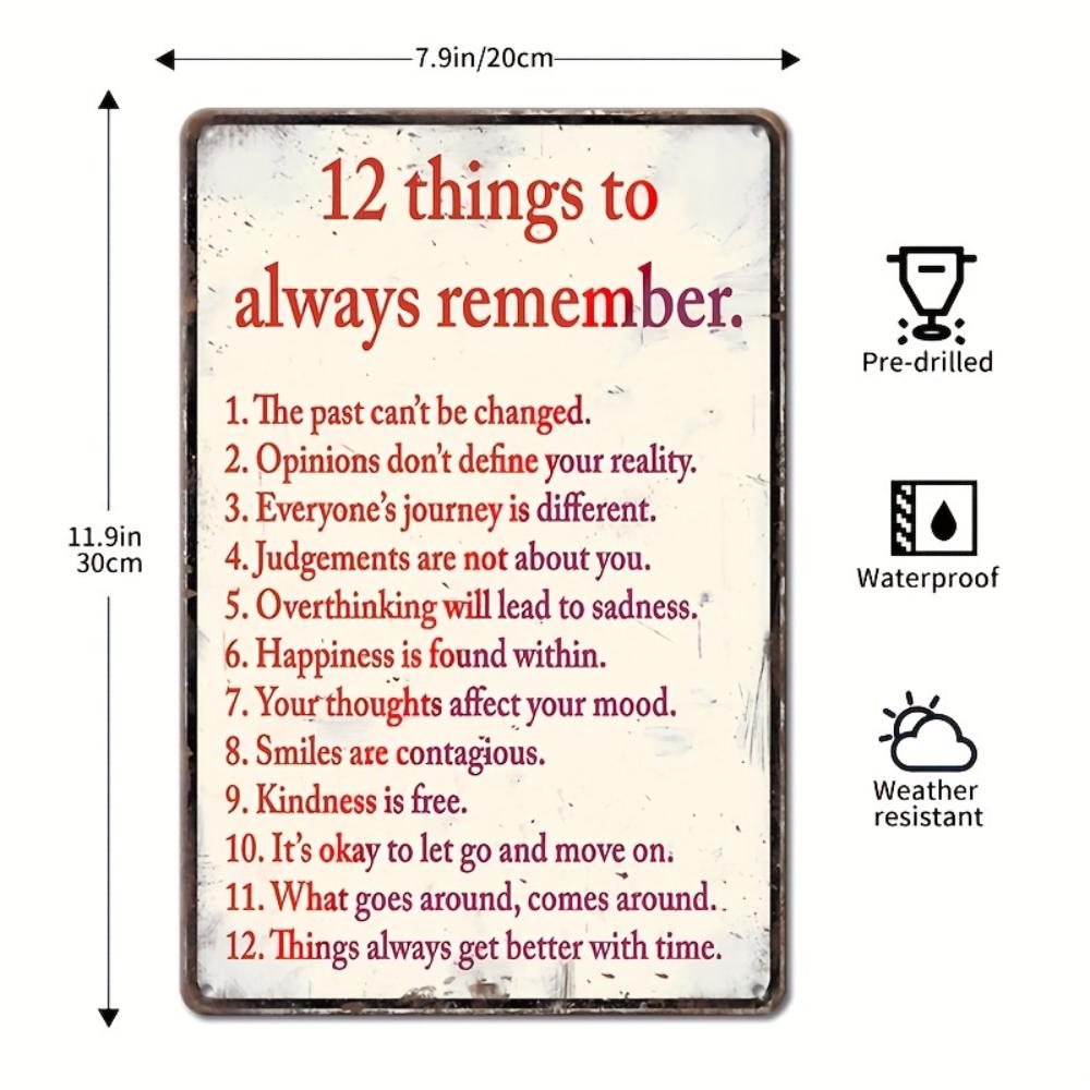 

1 шт. Винтажный металлический алюминиевый знак, 12 вещей, которые нужно запомнить навсегда, забавный жестяной знак, настенный художественный декор, винтажный декор для стен гаража чёрный