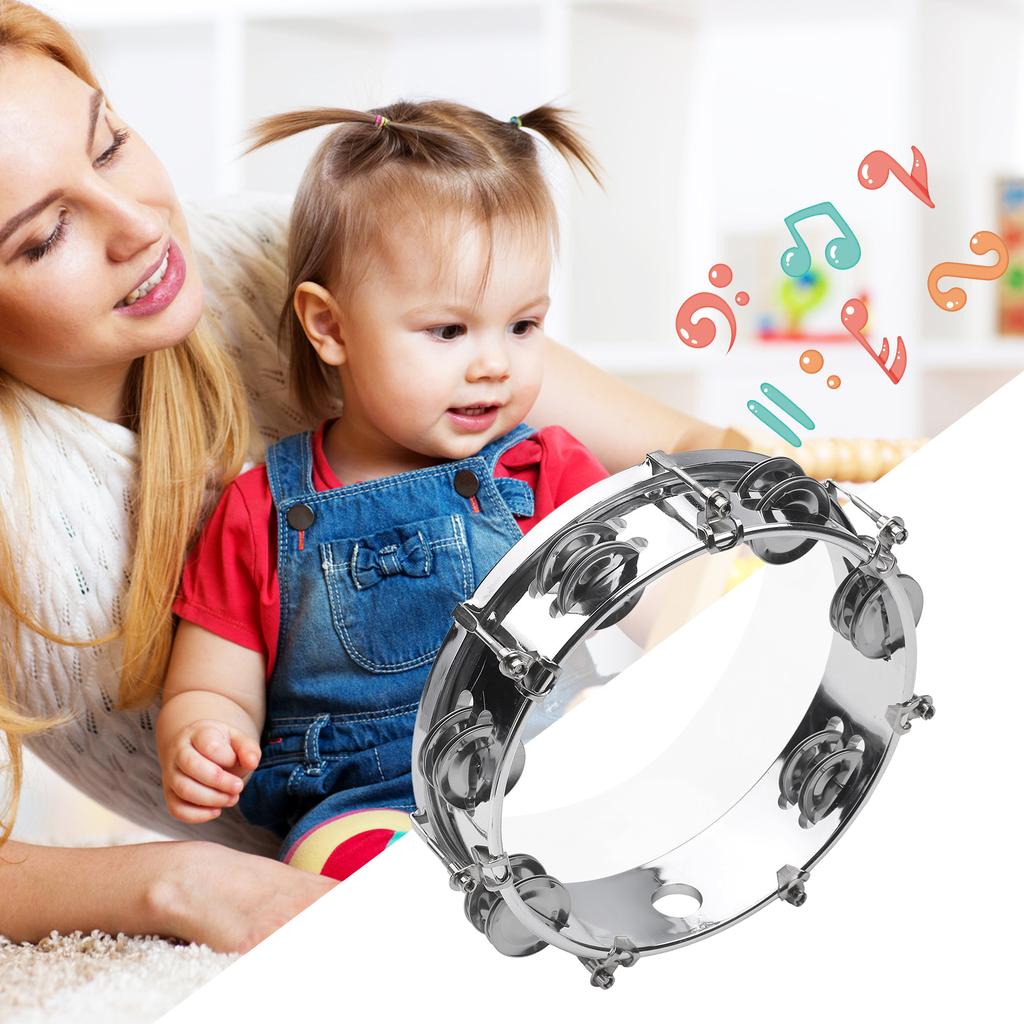 8inch Tambourine Handbell Hand Drum with Double Row Jingles Musical Percussion Instrument