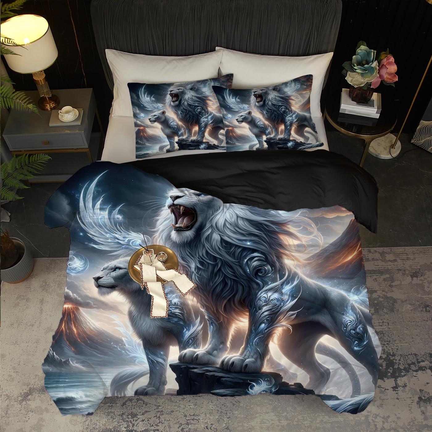 

Silver Majestic Lions Pattern 3D Printed Duvet Cover Set Soft Comfortable Bedding Set Wildlife Style Quilt Cover Set Pillowcases 135x200cm 2pcs