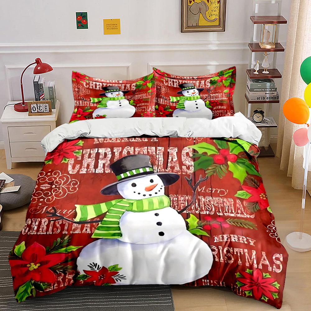 Snowman and Christmas Flowers Bedding Duvet Cover Set Duvet Cover Pillowcases (1*Duvet Cover 2*Pillowcases, Without Duvet Insert)