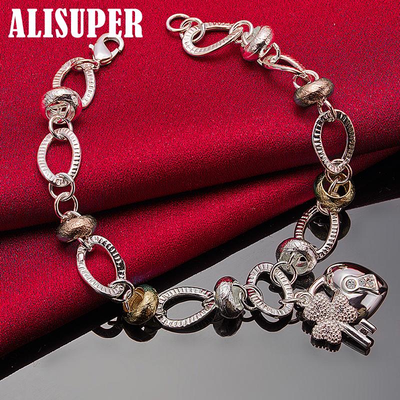 925 Sterling Silver Heart Lock Clover Flower AAA Zircon Bracelet Jewelry