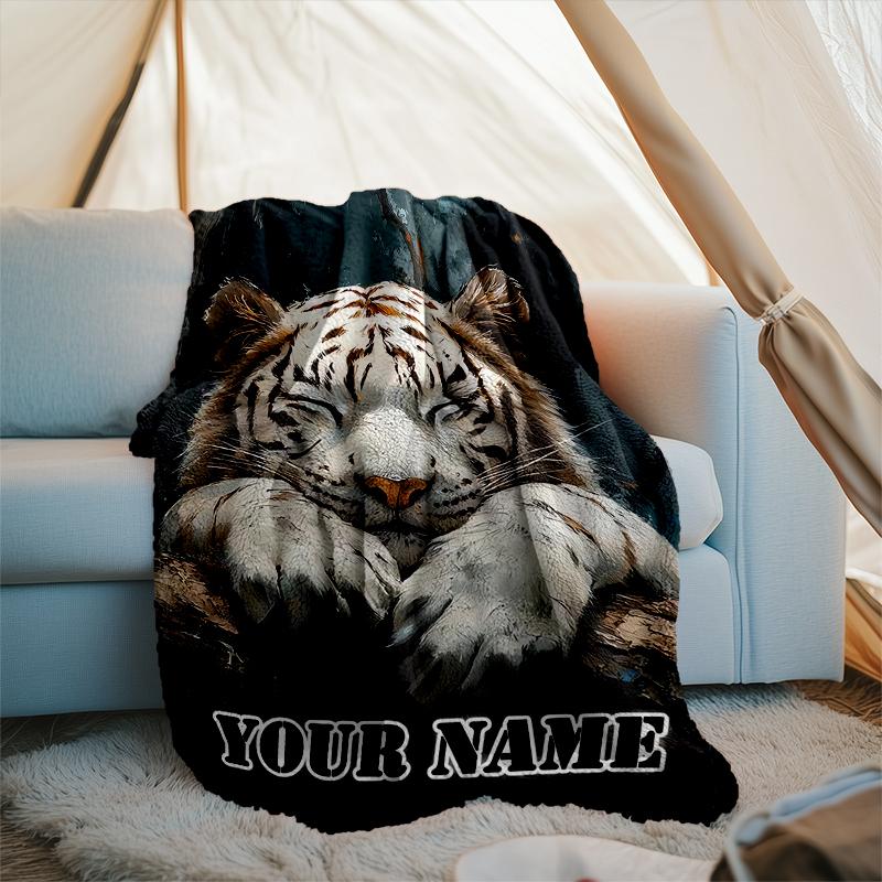 1PC Custom Name "White Tiger Dreams" Outdooor Flannel Blankets Throw Blanket All-Season Throw Gift Bedspread for Couch, Bed, Camping Holiday Birthda