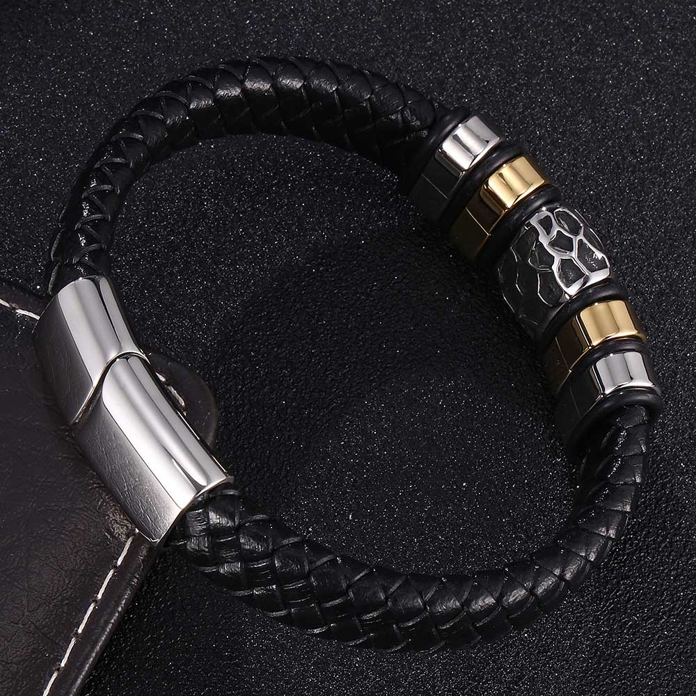 New Black Braid Leather Bracelets Mens Punk Boys Unique Zinc Alloy Metal Weave Knit Bracelet Gifts