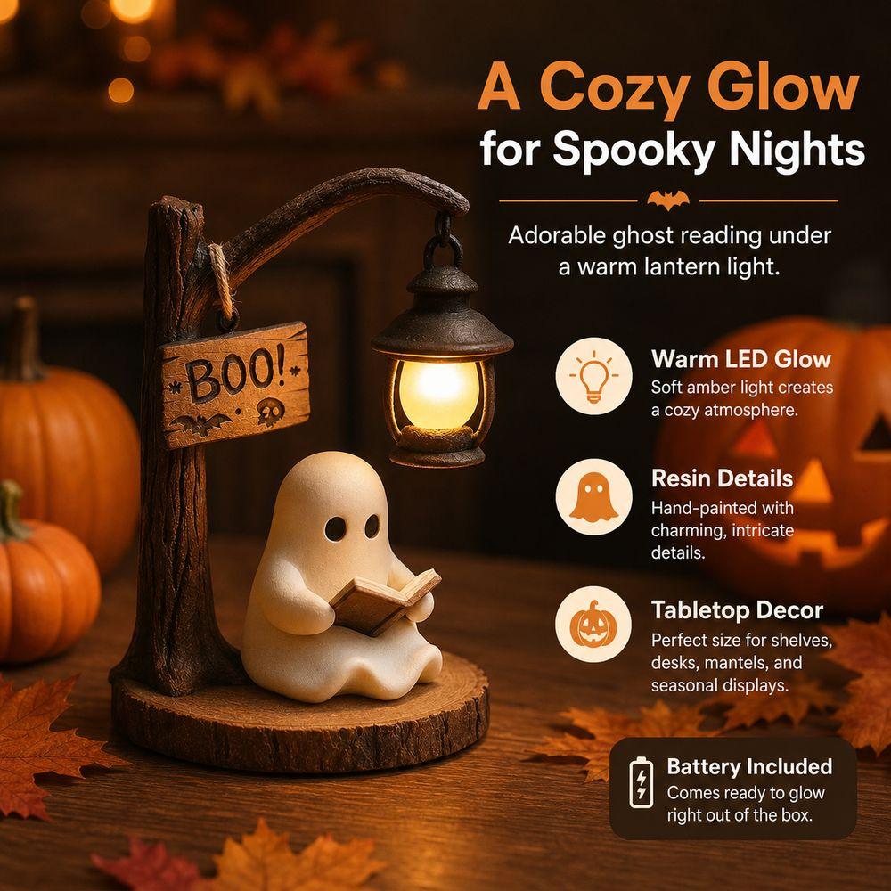 Resin Reading Ghost Figurine Hanging Lantern LED Ghost Decoration Bookshelf Decor