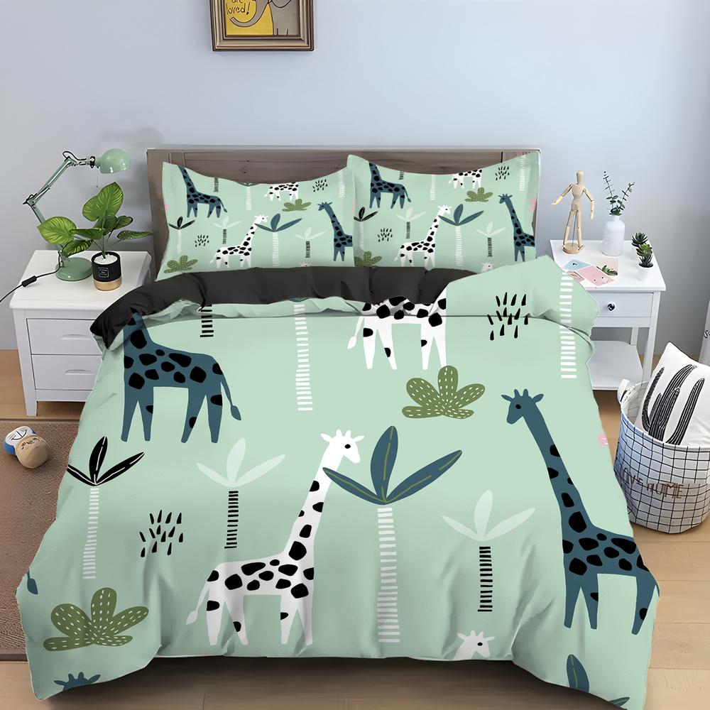 Cartoon Giraffe King Queen Duvet Cover Kids Girls Boys Animal Bedding Set Wildlife Quilt Cover 2/3pcs Polyester Comforter Cover