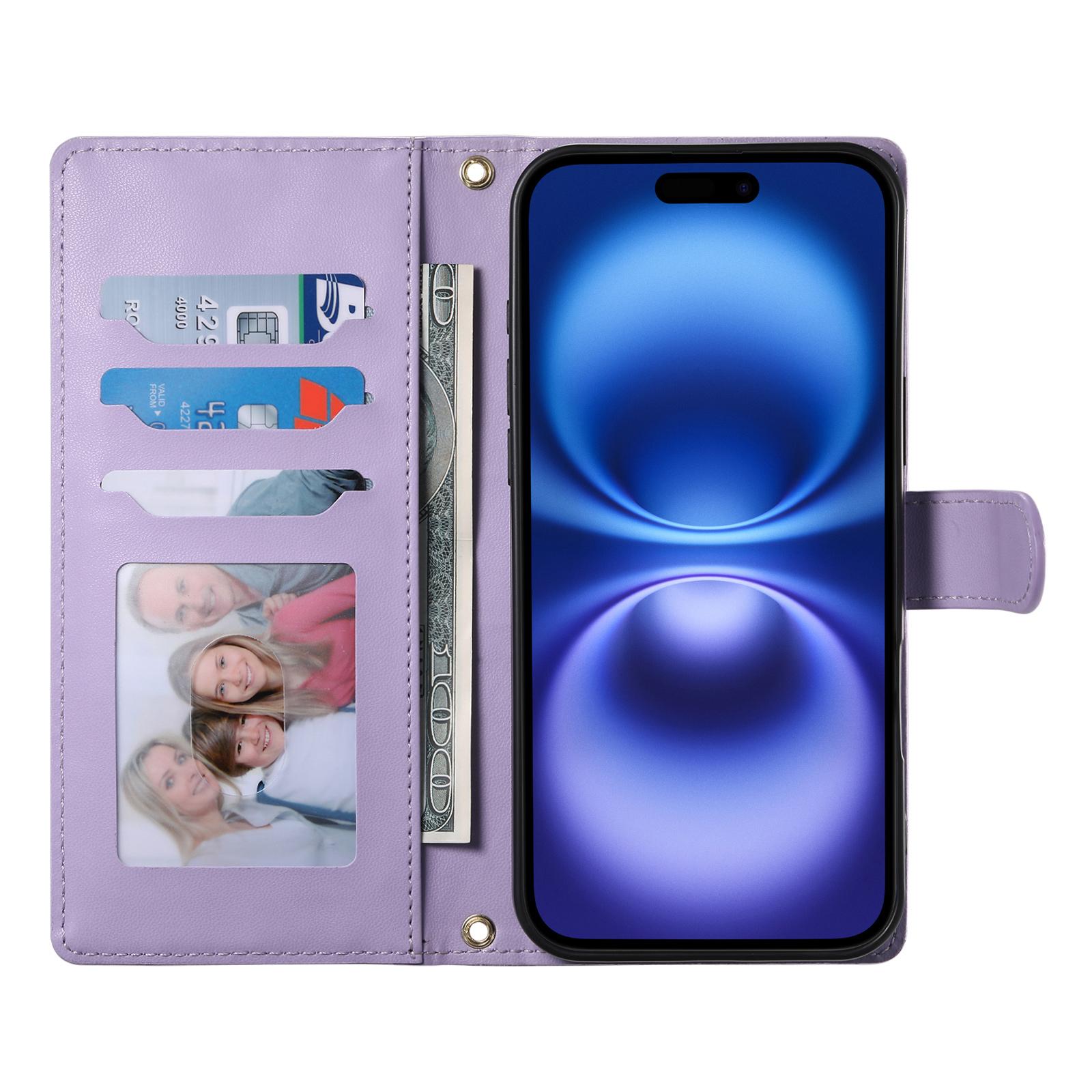 

For iPhone 14 Case Rhombus Stitching Wallet Stand Leather Phone Cover with Long/Short Strap Beige