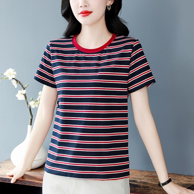 Striped Short-sleeved T-shirt Women's Round Neck Half-sleeved Shirt Summer Plus Size Loose Top