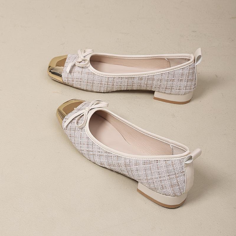 

Gentle small fragrance elegant bow cloth flats metal square head low heel light mouth commuter shoes 40 бежевый