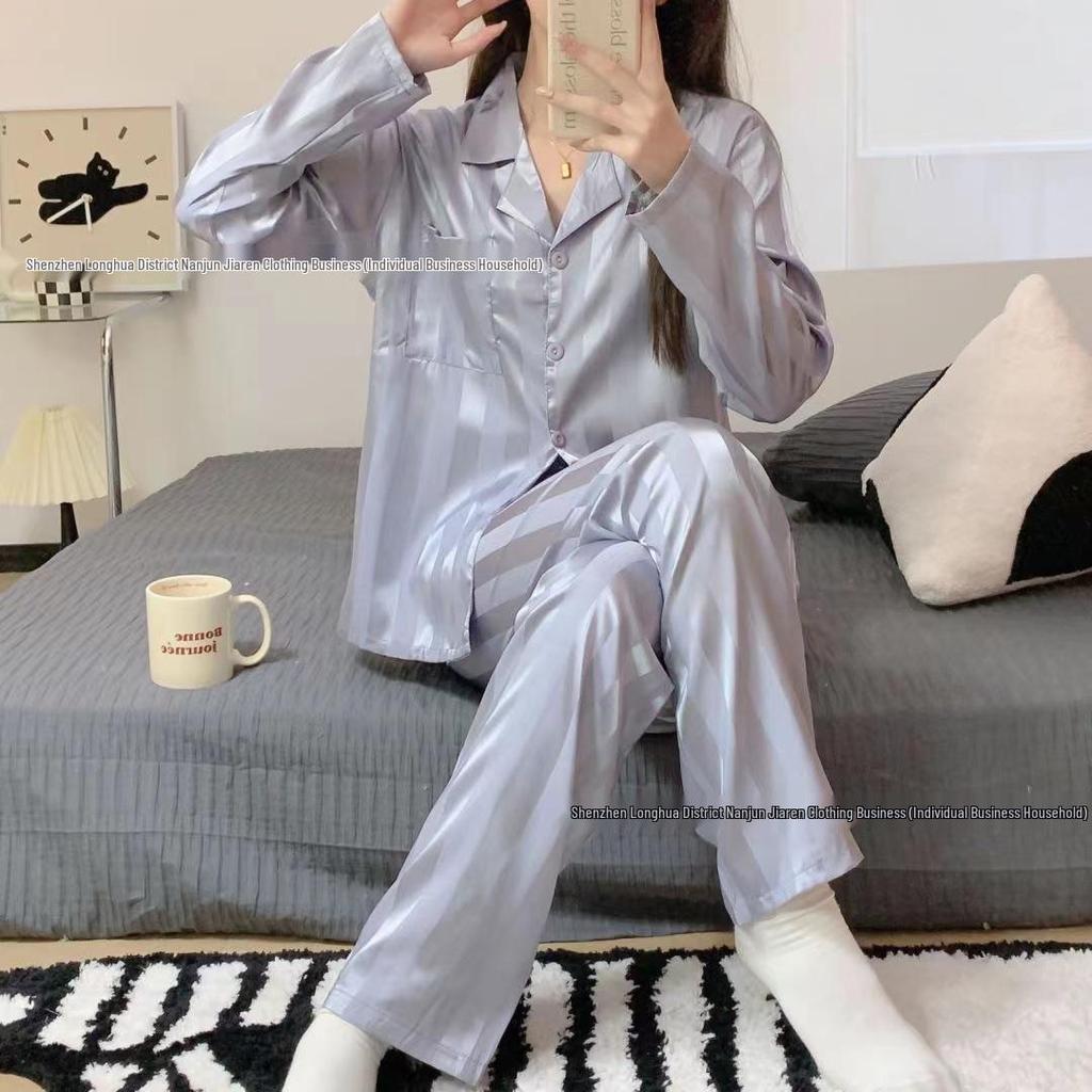 Dámské kostkované pyžamo z ledového hedvábí na jaro/léto 2024 - Dvoudílná sada s dlouhým rukávem