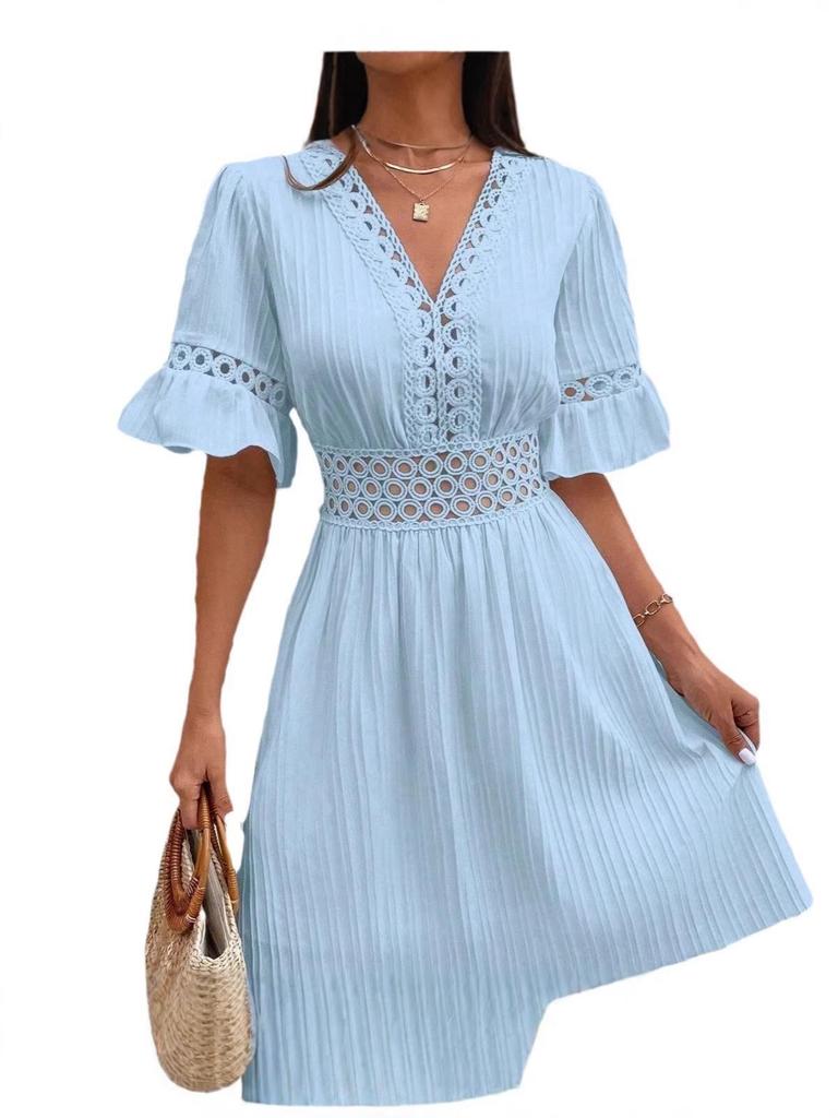 European & American Women's Summer V-neck Solid Color Dress with Patchwork Lace & Waist-cinching Design