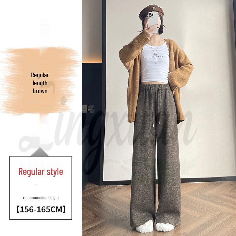 Autumn/Winter 2026 Women's High Waist Slim Fit Wide Leg Floor-Length Pants with Plus Velvet Cashmere.