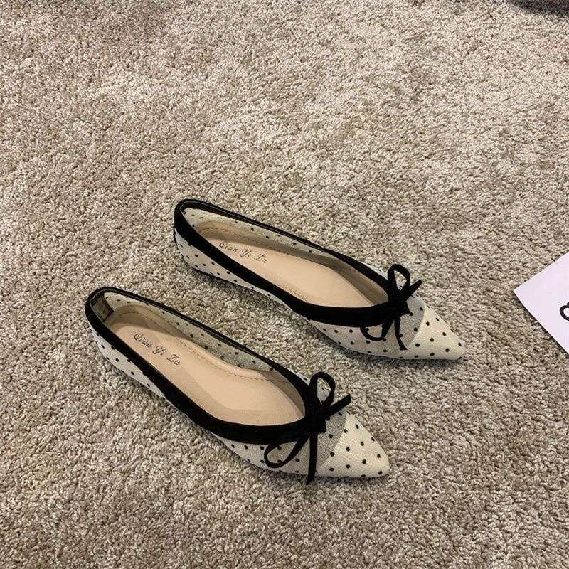 Flat Bottom Polka Dot Mesh Doudou Fairy Shoes Summer Pointed Head Bow Soft Sole Shallow Mouth Breathable Women's Single Shoes