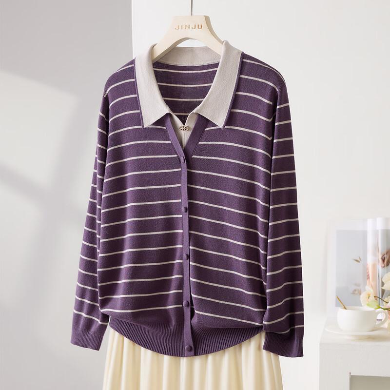 Jinjv Women's Faux Two-Piece Striped Polo Knit Sweater